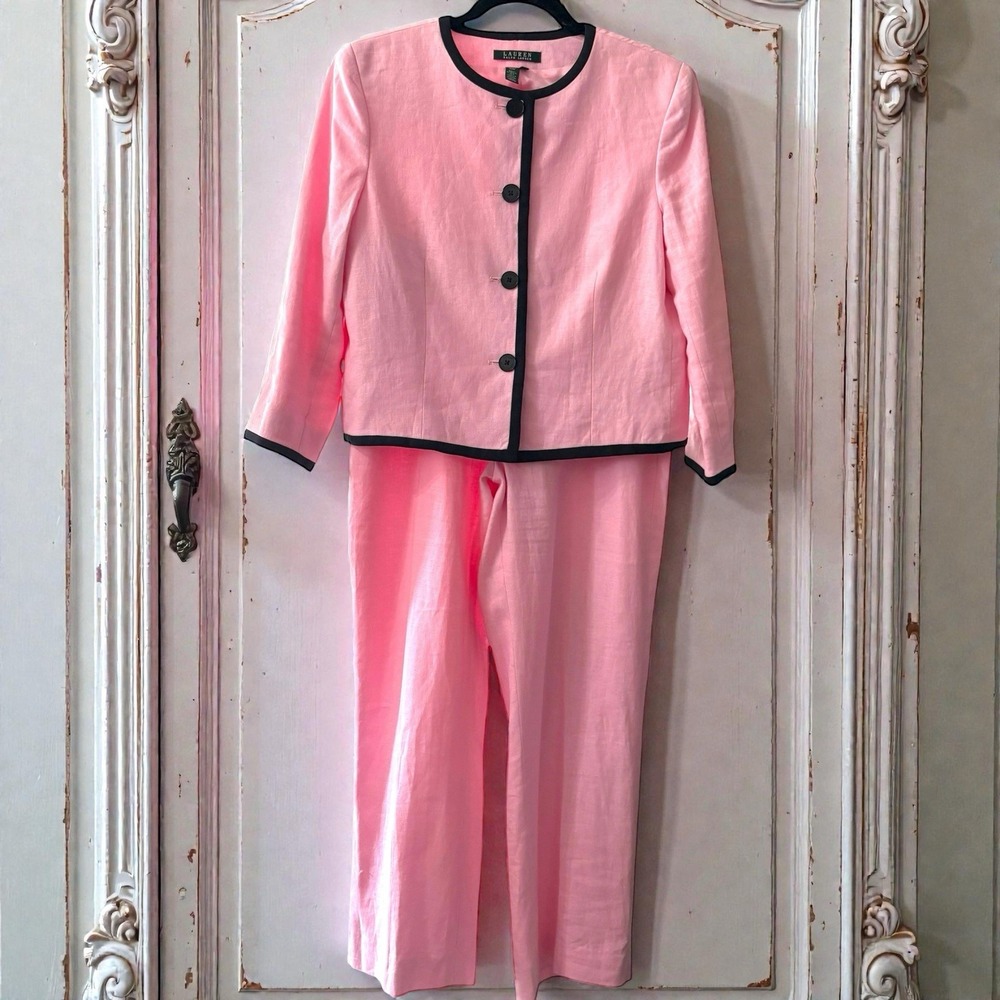 Lauren Ralph Lauren Pink Linen Suit Set 2pc Jacket 10 Pant 8 Black Trim Classic